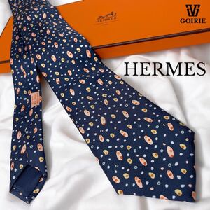 【希少/未使用】HERMES エルメス ネクタイ シルク100% フランス製 箱付き 水玉模様 紺 ネイビー 絹 ビジネス フォーマル