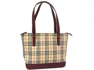 1円 ■美品■ BURBERRY バーバリー ノバチェック キャンバス×レザー トート ショルダー ハンドバッグ レディース ボルドー系 FE4073