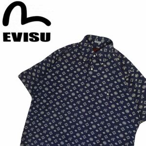 特大42 美品 最高級 名作 EVISU モノグラム 総柄 ボタンダウン プルオーバー 半袖シャツ ドレスシャツ アロハシャツ エヴィス エビス240793