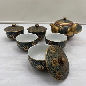 I ☆美品☆ 九谷焼 白峰 青粒 金彩 花唐草 蓋付き 茶器 揃え 急須 湯呑 5客 セット 煎茶器 和食器 伝統工芸 民芸品 簡易清掃済み 