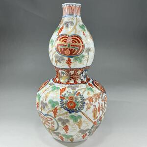 時代 古伊万里 色絵金彩 染錦 瓢箪形花瓶 高さ37cm 飾り壷