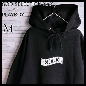 【稀少USA製】GOD SELECTION XXX×PLAYBOY ゴッドセレクション×プレイボーイ☆両面ロゴパーカー Mサイズ Black 人気コラボ プルオーバー