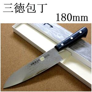 関の刃物 三徳包丁 18cm (180mm) 伊勢谷治平 V金10号 33層ダマスカス鋼 黒パッカー 家庭用 肉 魚処理 野菜切 両刃万能包丁 文化包丁 日本製