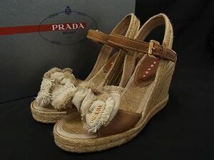 PRADA プラダ ジュート×レザー 厚底 サンダル 表記サイズ 36 (約23cm) 靴 シューズ レディース ベージュ系×ブラウン系 DG4151