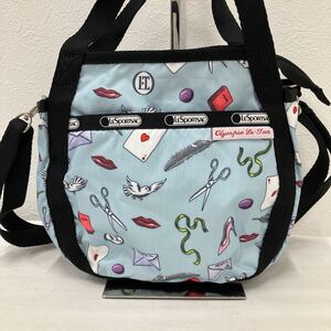 □2−1869 美品 LeSportsac レスポートサック レディース 2way ショルダーバッグ ハンドバッグ 小さめ ミニ 水色 トランプ柄 カジュアル