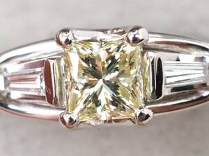 【4449M】鑑定書付/上質 天然ダイヤモンド FANCY LIGHT YELLOW/VS-1/0.593ct/0.18ct/5.8g Pt900 リング 指輪 ♯11