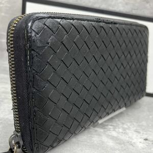 【美品】 BOTTEGAVENETA ボッテガヴェネタ メンズ ビジネス 長財布 ラウンドファスナー イントレインチャート レザー ブラック 編み込み 黒