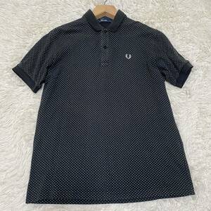 良品 (L) フレッドペリー 半袖 ポロシャツ 鹿の子 ブラック 黒 ドット 水玉 総柄 FREDPERRY ロゴ ロゴ刺繍 月桂樹 