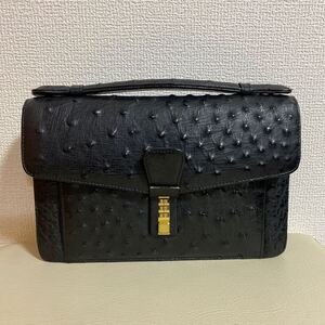 1円〜 オーストリッチ レザー ブラック セカンドバッグ ゴールド金具 ダチョウ 黒 クラッチバッグ ビジネス バッグ 25cm 売り切り