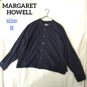 MARGARET HOWELL マーガレットハウエル バンドカラーシャツ コットン 綿 ネイビー ノーカラー 紺 春夏 マガハ 薄手 