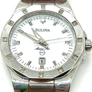 稼働品 BULOVA ブローバ Marine star diamontes 12P ダイヤモンド ダイヤベゼル シェル文字盤 クォーツ 腕時計 レザーベルト デイト