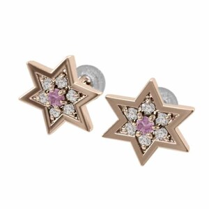 ピンクサファイヤ 天然ダイヤモンド ペア ピアス ダビデの星 18kピンクゴールド キャッチ付き 中サイズ