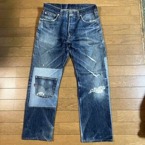 USA 90年代 Levi’s リーバイス501xx 再構築 デニムパンツ コーンミルズ USA製 ジーンズ クラッシュ ビンテージ 553工場 W31 L36 裾上げ済