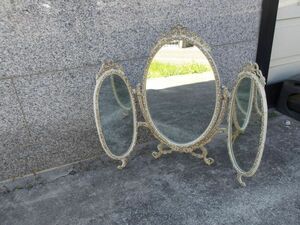 アンティーク　ヴィンテージ　三面鏡　鏡　ミラー　ホワイトアイボリーミラー　アイアン ホワイト アイボリー アイボリー三面鏡