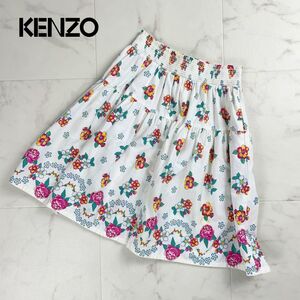 KENZO ケンゾー 子供服 キッズ 花柄 シャーリングフレアスカート 膝丈 裏地なし レディース ボトムス 白 ホワイト サイズ130*QC211