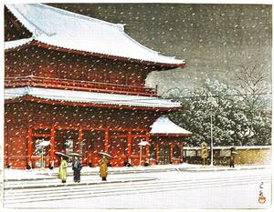 ■□雪景色５作品　川瀬巴水(No224)　マット紙仕上　①増上寺之雪②根津権現の雪③芝増上寺④池上本門寺⑤芝公園の雪　□■