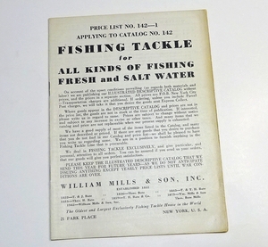 ☆ William Mills & Son Price List No.142−1 for 1942 Catalog ☆ H.L.Leonard〜レナードロッドの総代理店ミルズのカタログ別冊価格表 ☆