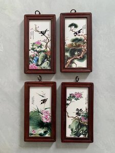 磁板絵 色絵磁器 山水画 花鳥絵 4枚セット 額付 唐物 中国古美術