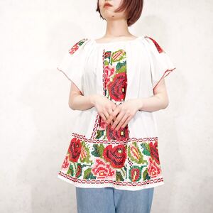 USA VINTAGE PUEBRA MEXICAN EMBROIDERY CROSS STITCH DESIGN TUNIC BLOUSE/アメリカ古着プエブラメキシコ刺繍クロスチュニックブラウス