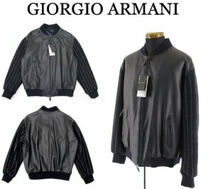 160万新品◆54＝XL◆黒ラベル◆GIORGIOアルマーニ 最高級牛革×カシミアストライプ袖レザーブルゾン 濃紺 1円