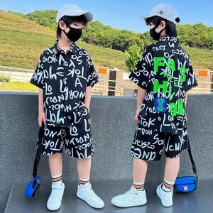 キッズ 子供服 2点セット トップス+ショートパンツ セットアップ カジュアル 男の子 春夏 ゆったり 可愛い ジュニアKSFB050（2色120-170）