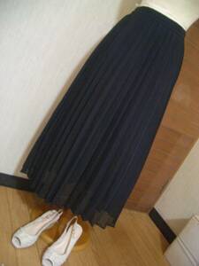 ブラックシフォンフレアーいっぱいアコーディオンプリーツロングスカート美品*GU*S