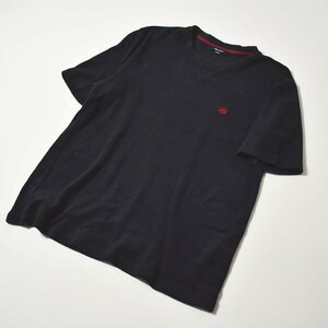 ★ アクアスキュータム Aquascutum 半袖 パイル Tシャツ M ネイビー メンズ ワンポイント 刺繍ロゴ カットソー カジュアル V字ガゼット★