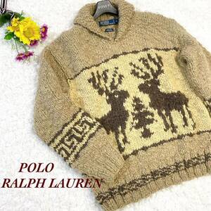 POLO RALPH LAUREN ポロラルフローレン90sカウチンニット ヴィンテージ プルオーバー ベージュ L 手編み ハンドメイド オールド セーター 