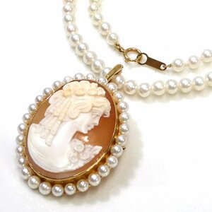 J◇K18 カメオ ブローチ ペンダントトップ & ベビーパール ネックレス 女性 横顔 真珠 イエローゴールド cameo brooch pearl necklace