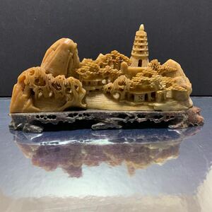 中国美術 寿山石 山水 中国 彫刻 東洋彫刻 置物 時代物 六重塔