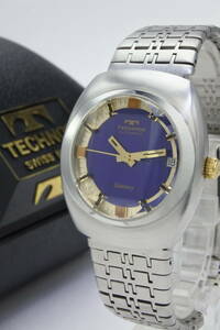☆１９７０年代製　スイス名機TECHNOSテクノス　ギャラクシー ブルー サークルダイヤル　カットガラス　自動巻紳士腕時計　OH済み 　 箱付