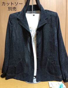 [新品] 激安・在庫処分　M 　レディースジャケット　ミセス・婦人ジャケット　デニム調ジャケット　日本製素材　紺ミックス色1969