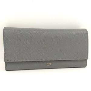 【中古】CELINE ラージフラップ ウォレット 長財布 レザー グレー 10B563BEL