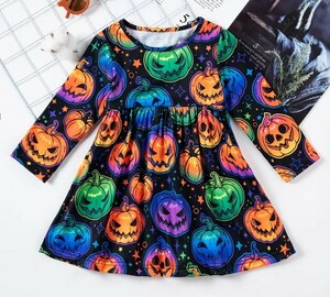 ★女の子のハロウィンドレス、カボチャと幽霊のプリント長袖ドレス、春/秋用、子供服