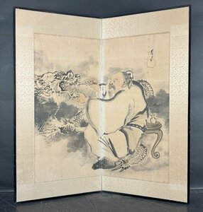 【屏風屋】45l　落款有 龍 賢人図 二枚折 屏風 高さ 約172.5cm 紙本肉筆 水墨画 人物図 唐人物 日本画