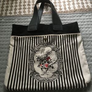 Down the Babbit ハンドバッグ 帆布 33×37cm 白 .黒 外、裏両方ポケット付き、保管品 送料230円