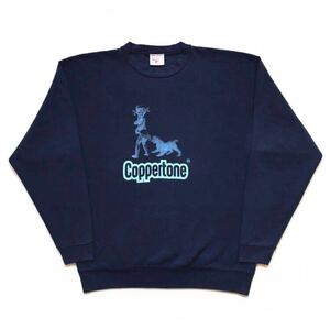 90s vintage Coppertone コパトーン ロゴ プリント スウェット 長袖 navy×light-blue size L 希少 キャラクターロゴ 日焼け止め 企業物