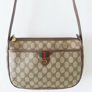 M06 GUCCI オールドグッチ GGプラス/シェリーライン PVC/レザー ショルダーバッグ ベージュ/チャ