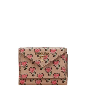 プラダ VITELLO MOVE LOVE ハート チューリップ コンパクトウォレット 三つ折り財布 1MH021 ベージュ ピンク レザー PRADA 【中古】