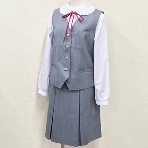 A104/(中古)神奈川県 川崎市立平中学校 女子制服4点 /165A/LL/W78/冬ベスト/ブラウス/冬スカート/紐リボン/グレー/学生服/卒業生品