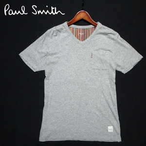 【ポールスミス】 Vネック　半袖Tシャツ　マルチストライプ別布　コットン　サイズL　杢グレー　Paul Smith HOMEWEAR