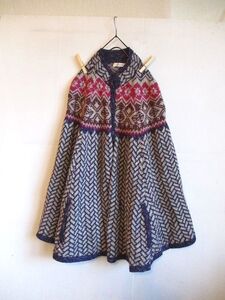 USED美品＊シルク混パープルピンクジャガードニットポンチョ