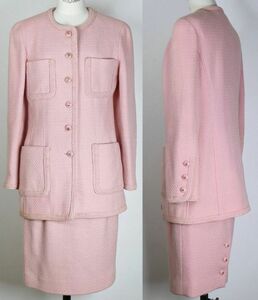 93C CHANEL シャネル ピンク ツイード ジャケット 40 スカート スーツ pink tweed suit jacket skirt b8074