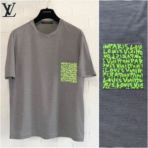 ☆未使用LOUIS VUITTON ルイヴィトン ボーダーポケット 半袖Tシャツ スティーブン スプラウス グラフィティ メンズ M 白×黒×ネオンカラー