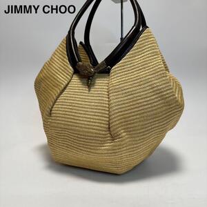 j24【極美品】ジミーチュウ　JIMMY CHOO スネークモチーフ　ラフィア　ストロー　レザー　かごバッグ　ハンドバッグ　ワンショルダー