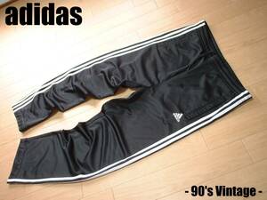 90sビンテージadidasトラックパンツ美品M黒ブラックx白ホワイト3ライン正規アディダスジャージパンツ万国旗タグパフォーマンスロゴ刺繍