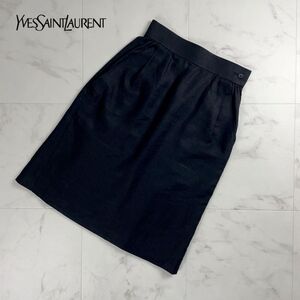 美品 Yves Saint Laurent イヴ・サンローラン リネン100% 膝丈タイトスカート 裏地あり レディース ボトムス 黒 ブラック サイズS*QC195