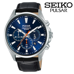 SEIKO PULSAR Chronograph Blue Black Leather Watch セイコー パルサー クロノグラフ レザーベルト ブラック ブルー 100m防水 本革 腕時計