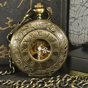 ④アンティーク スケルトン メンズ ビンテージ懐中時計 ネックレス＆フォブチェーン 高級ブランド TIEDAN ブロンズ 機械式懐中時計