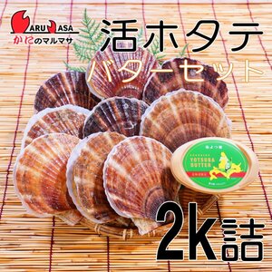 【かにのマルマサ】北海道産 活ホタテ貝 2キロ詰 よつ葉バターセット